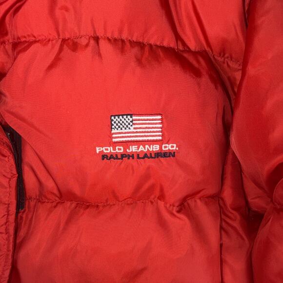 Ralph Lauren Polo Jeans Co Down Jacket Youth Boys M Red Puffer Coat Y2K Flag - Picture 3 of 13